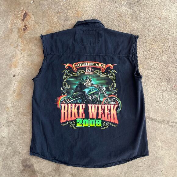Vintage y2k Daytona Beach Bike Week Cut Off Sleeveless  Vest Button Up Skeleton - Picture 1 of 8
